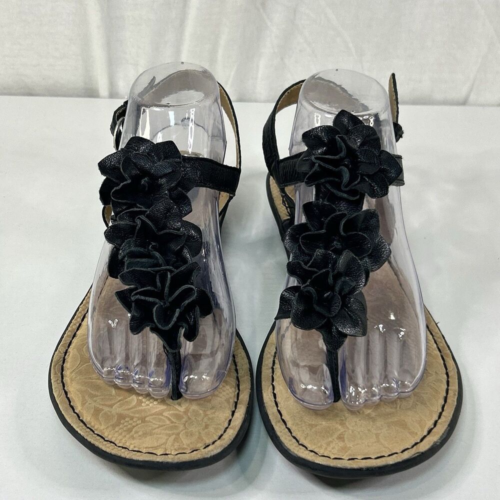 Boc Born Concept Sandals Womens 10 M Black Leather Floral Thong Comfort Casual